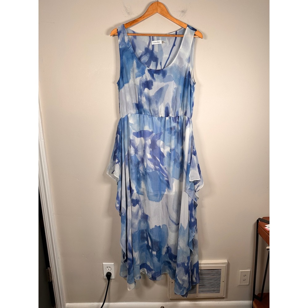 Calvin Klein Maxi Dress Women 14 Blue Watercolor Floral Handkerchief Hem Chiffon
